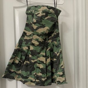 Strapless Camo Pleated Skirt Dress - Green Camo